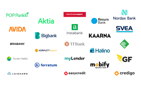 yhteistyokumppanit: Omalaina, Zmarta, Freedom Rahoitus, Etua, Rahalaitos, Aktia, POP, Nordax, Bank norwegian, Resurs Bank, Bigbank, Avida, Svea, Instabank, Kaarna, Komplett bank, Brabank, Balanzia, TFbank, Halino, Ferratum, Fellow Finance, Mylender, GF money, Lainaamo, Credigo, Easycredit, Credento,Santander, Anyfin
